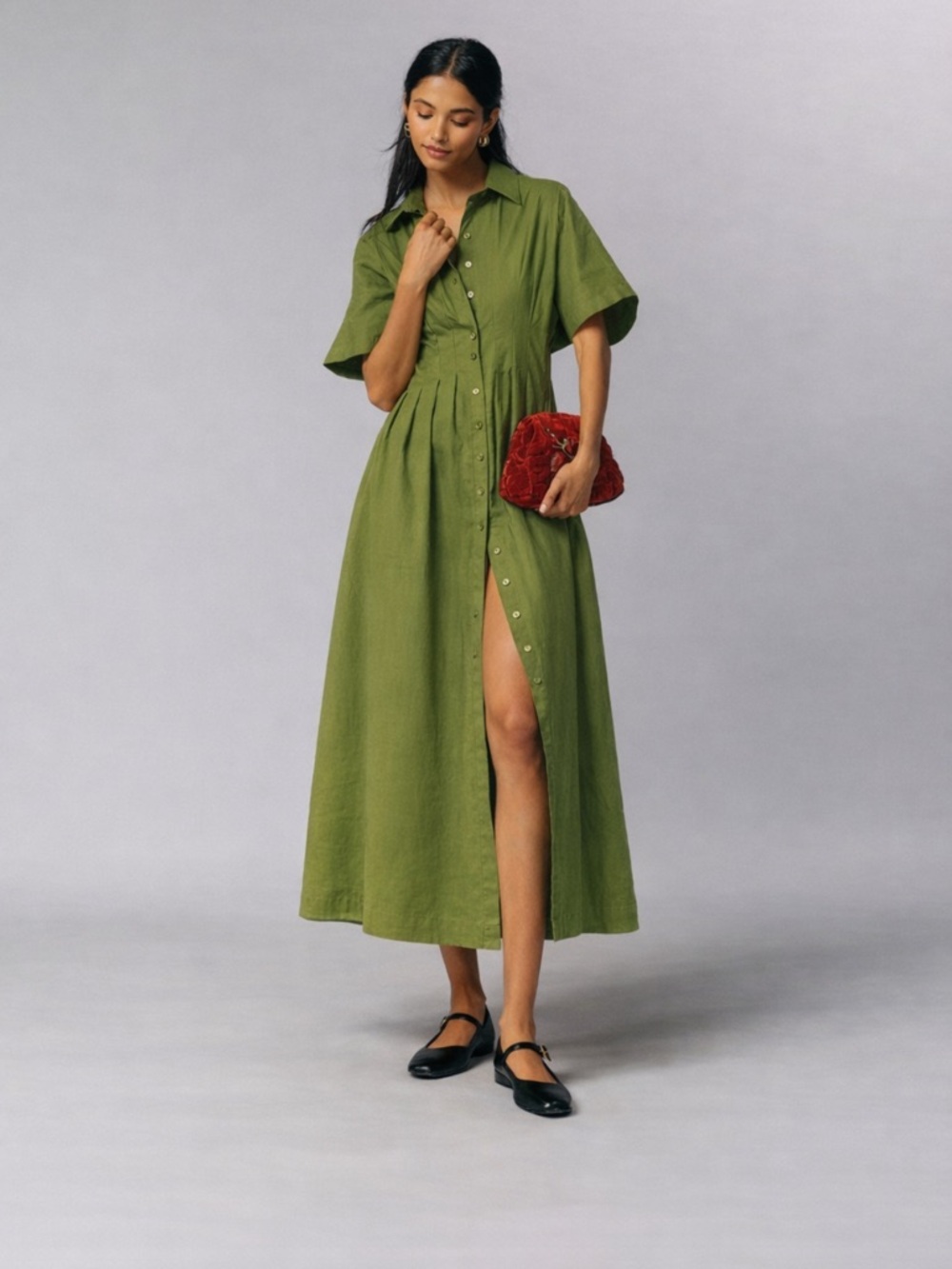 Anthropologie Exquise Dress Tobie Midi Pleated ShirtDress in Green Oil